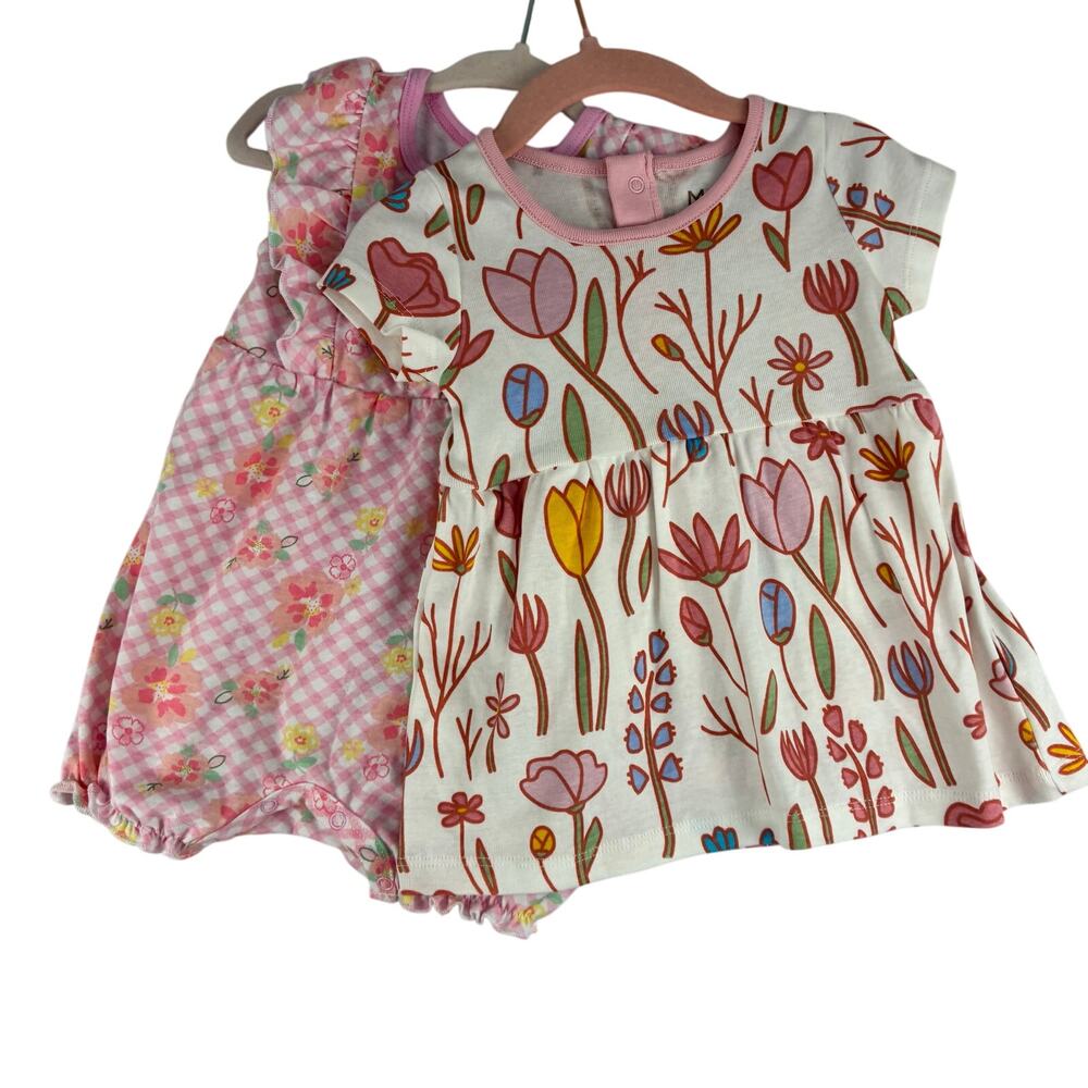Monica Andy Duck Goose Lot of 2 Baby Dress Romper Floral Easter 6-9 Mo Organic